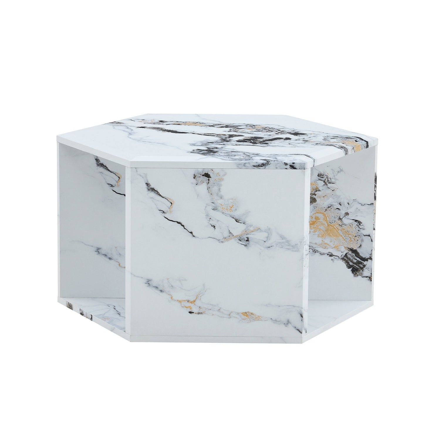 Hexagonal MDF coffee table, characteristic pattern stickers,