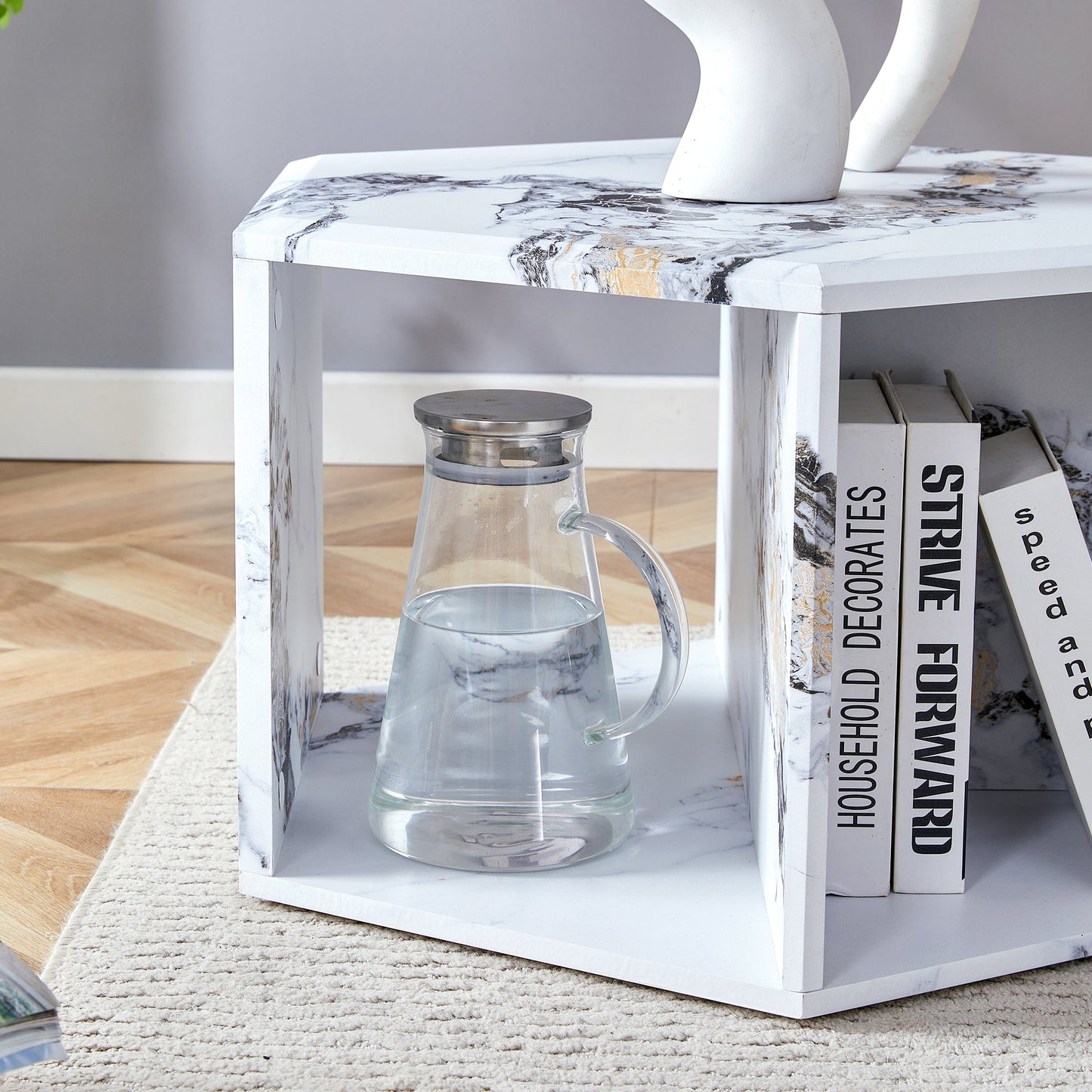 Hexagonal MDF coffee table, characteristic pattern stickers,