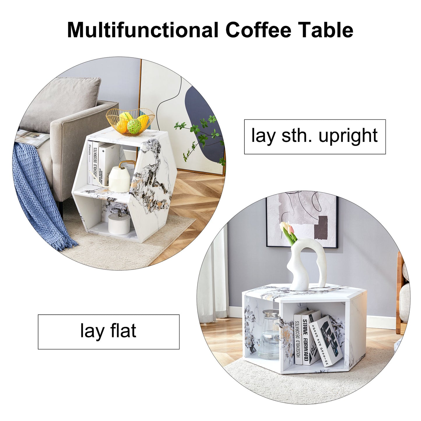 Hexagonal MDF coffee table, characteristic pattern stickers,
