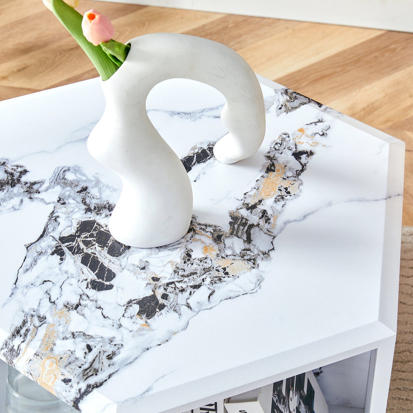 Hexagonal MDF coffee table, characteristic pattern stickers,