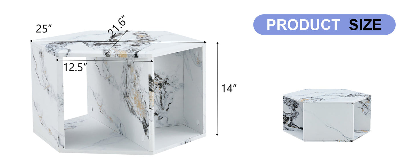 Hexagonal MDF coffee table, characteristic pattern stickers,