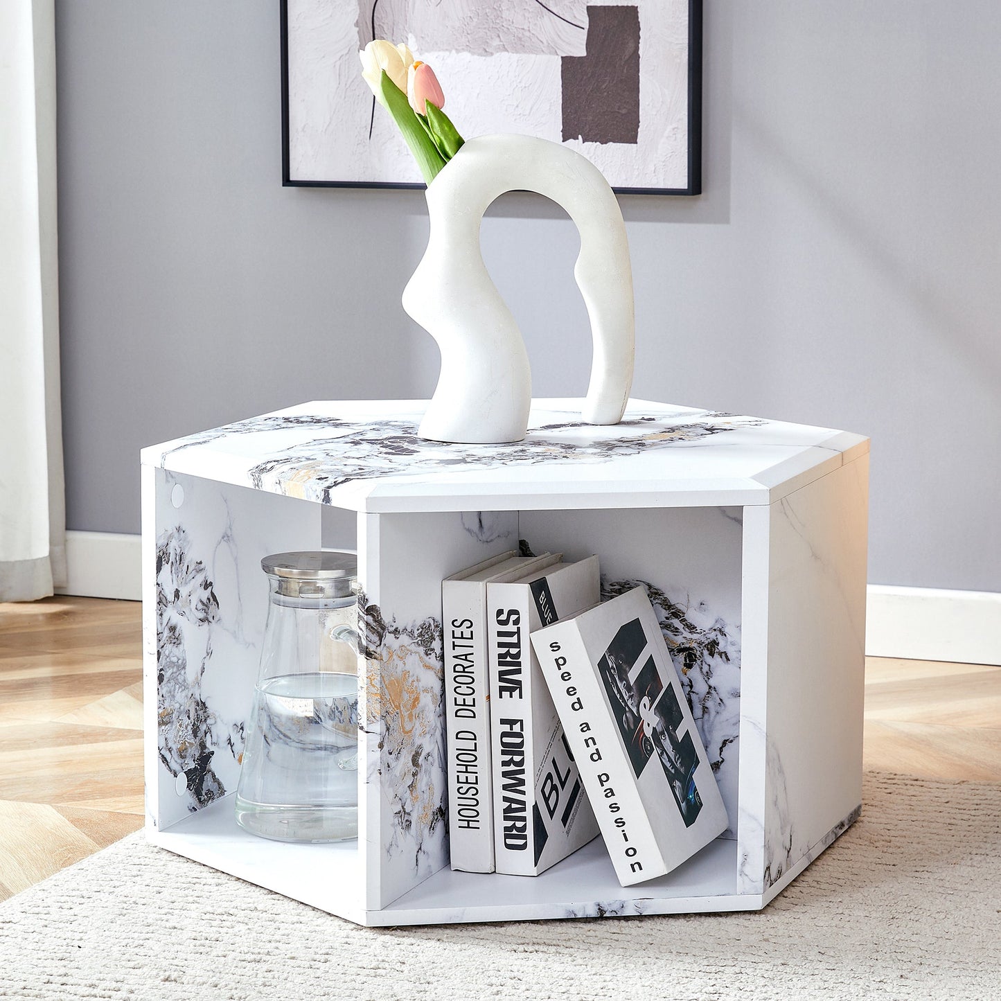 Hexagonal MDF coffee table, characteristic pattern stickers,