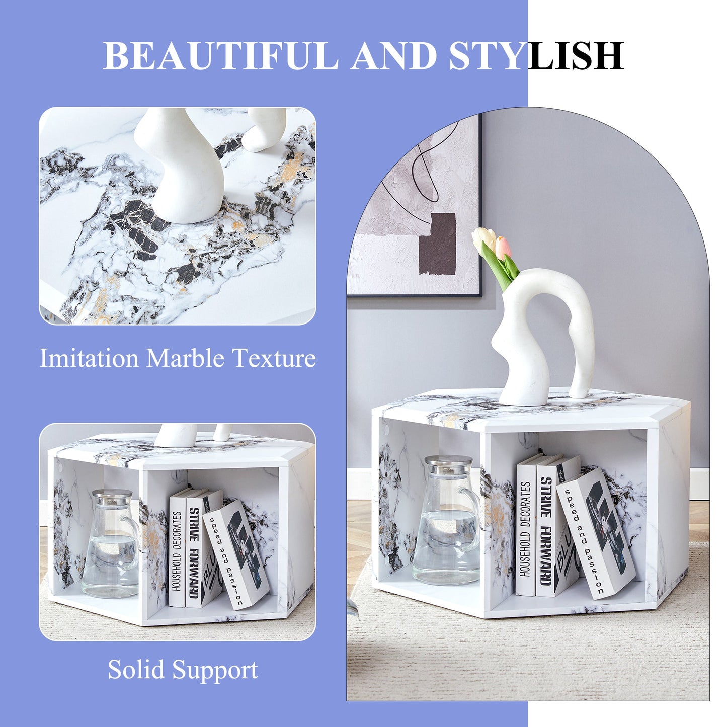 Hexagonal MDF coffee table, characteristic pattern stickers,