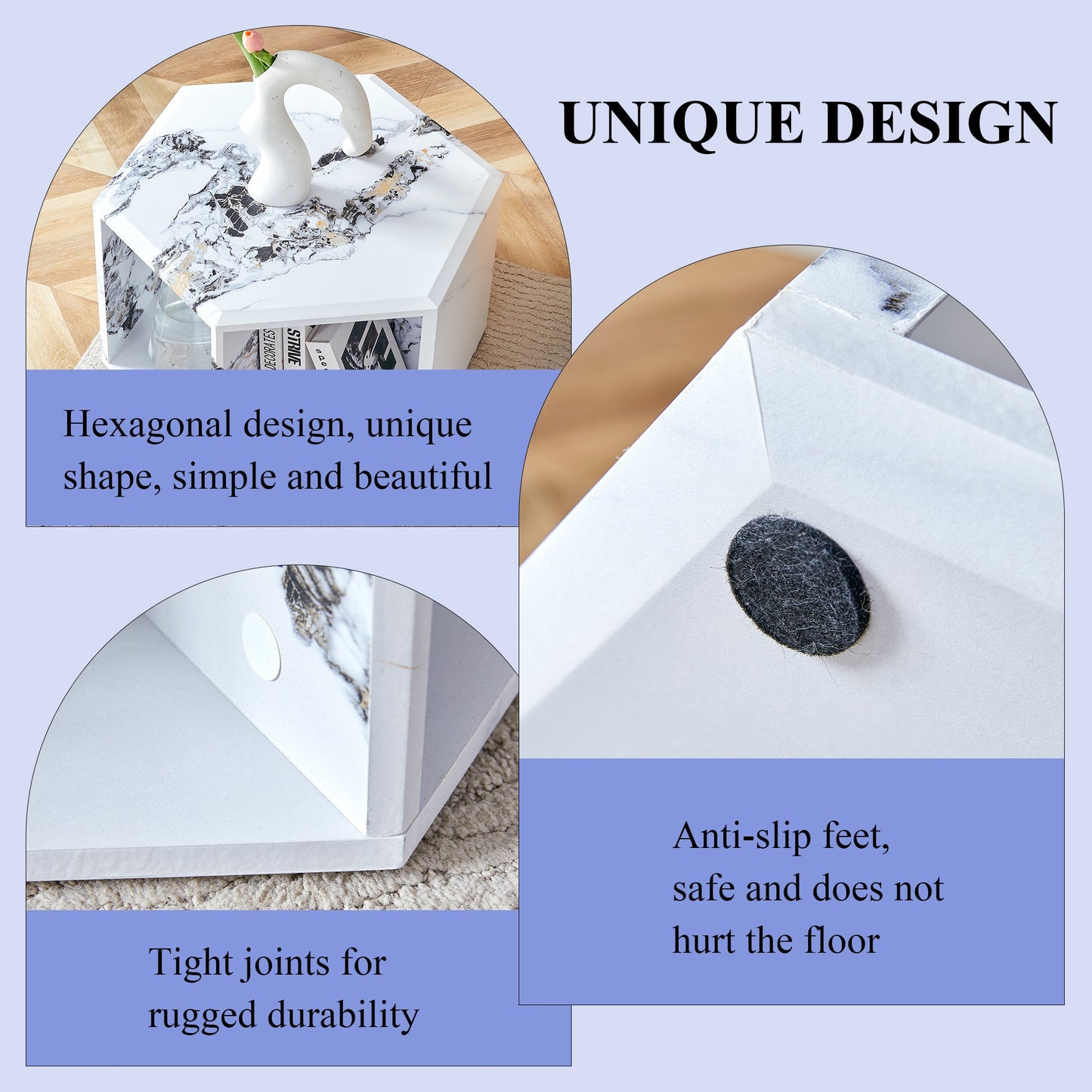 Hexagonal MDF coffee table, characteristic pattern stickers,