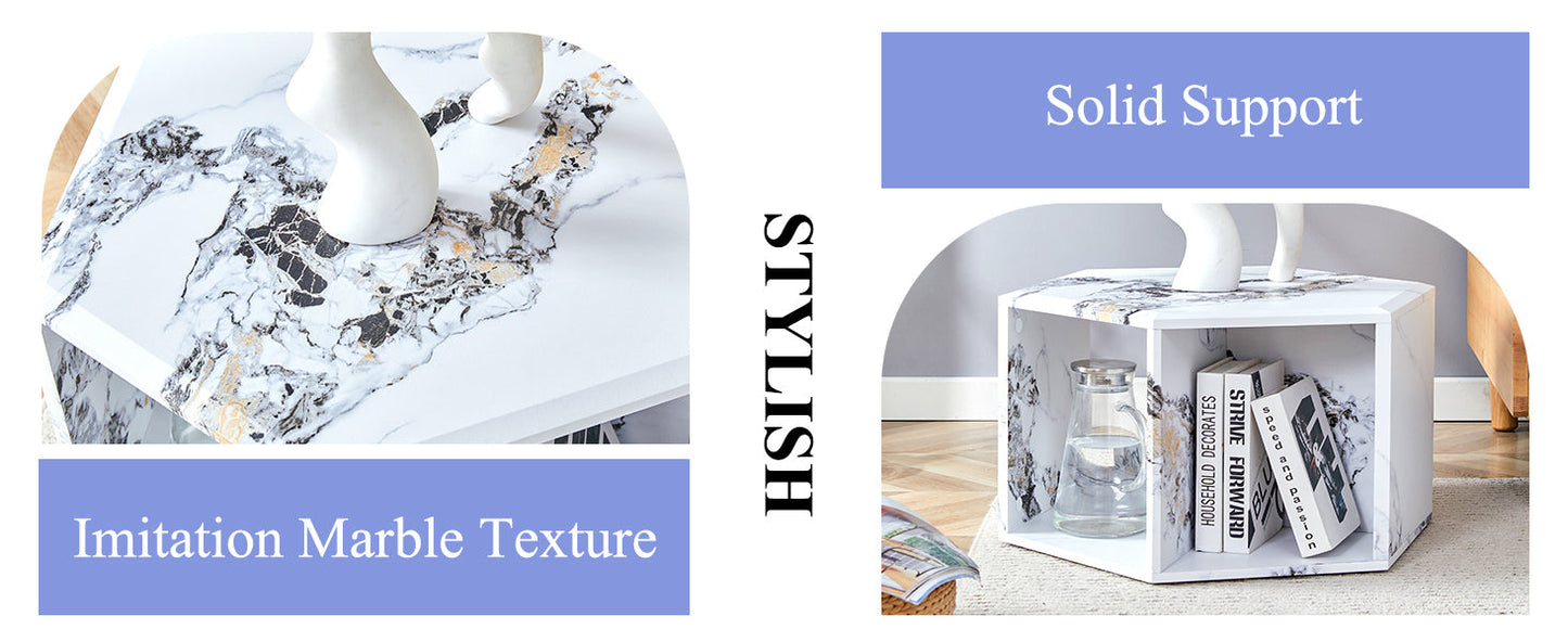 Hexagonal MDF coffee table, characteristic pattern stickers,