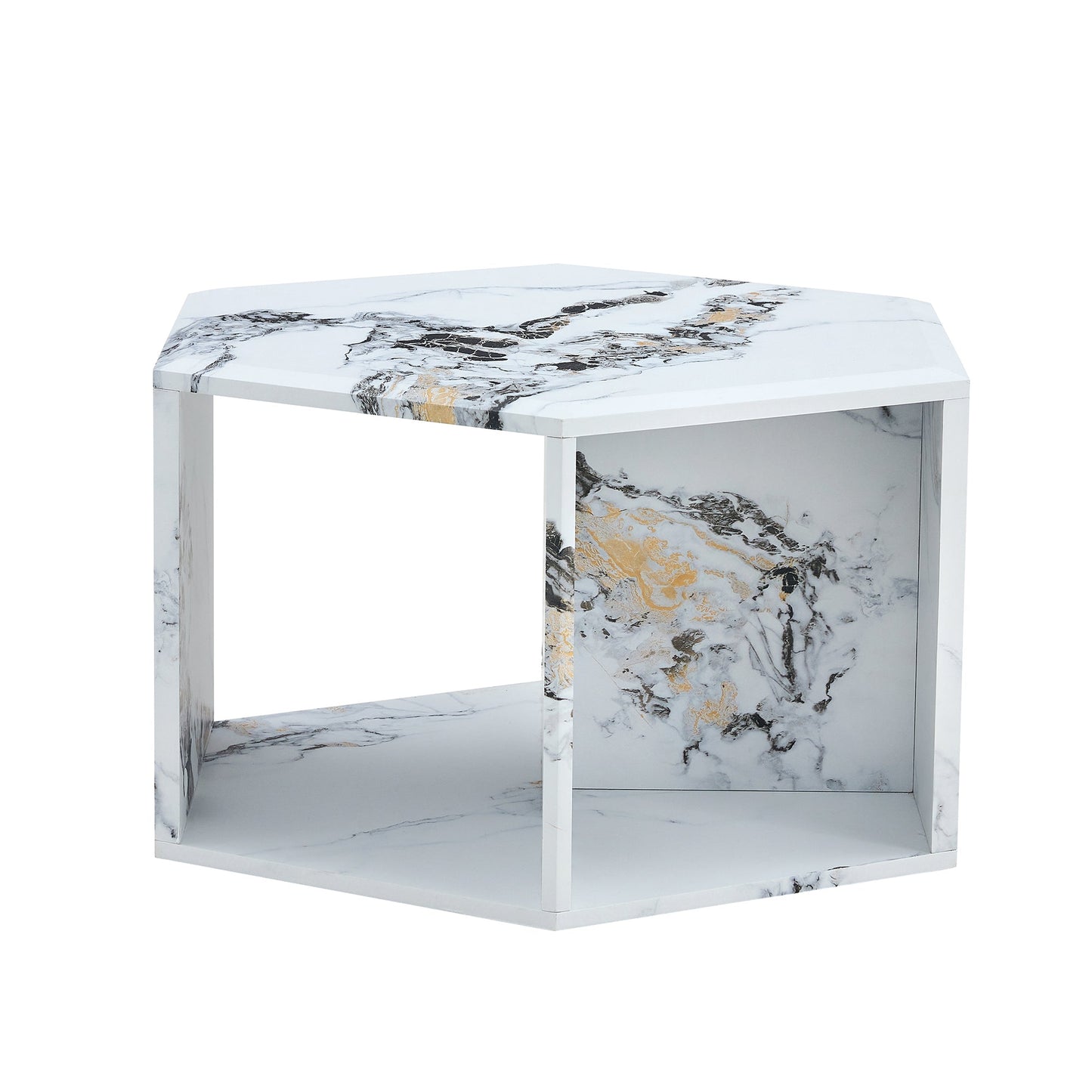 Hexagonal MDF coffee table, characteristic pattern stickers,