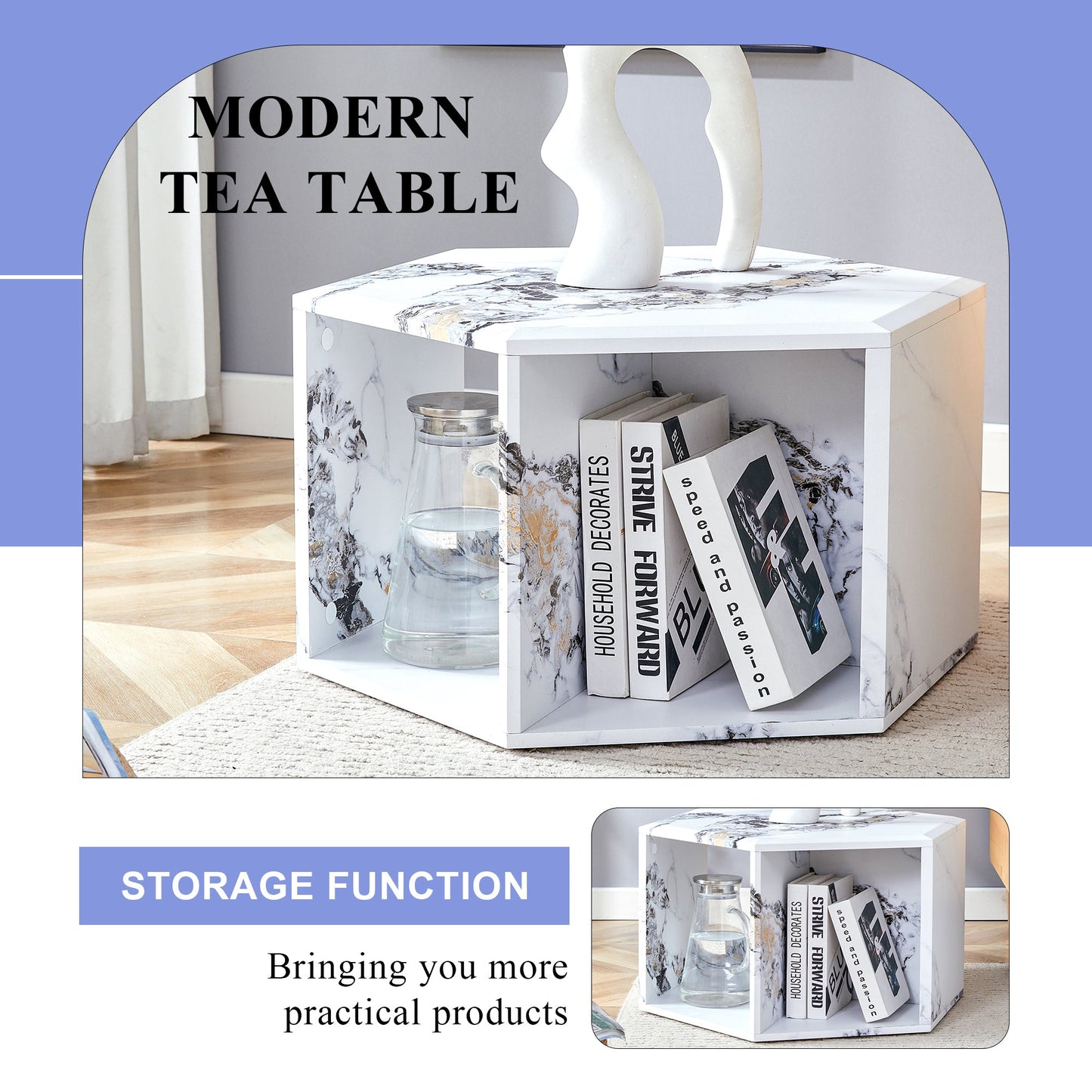 Hexagonal MDF coffee table, characteristic pattern stickers,