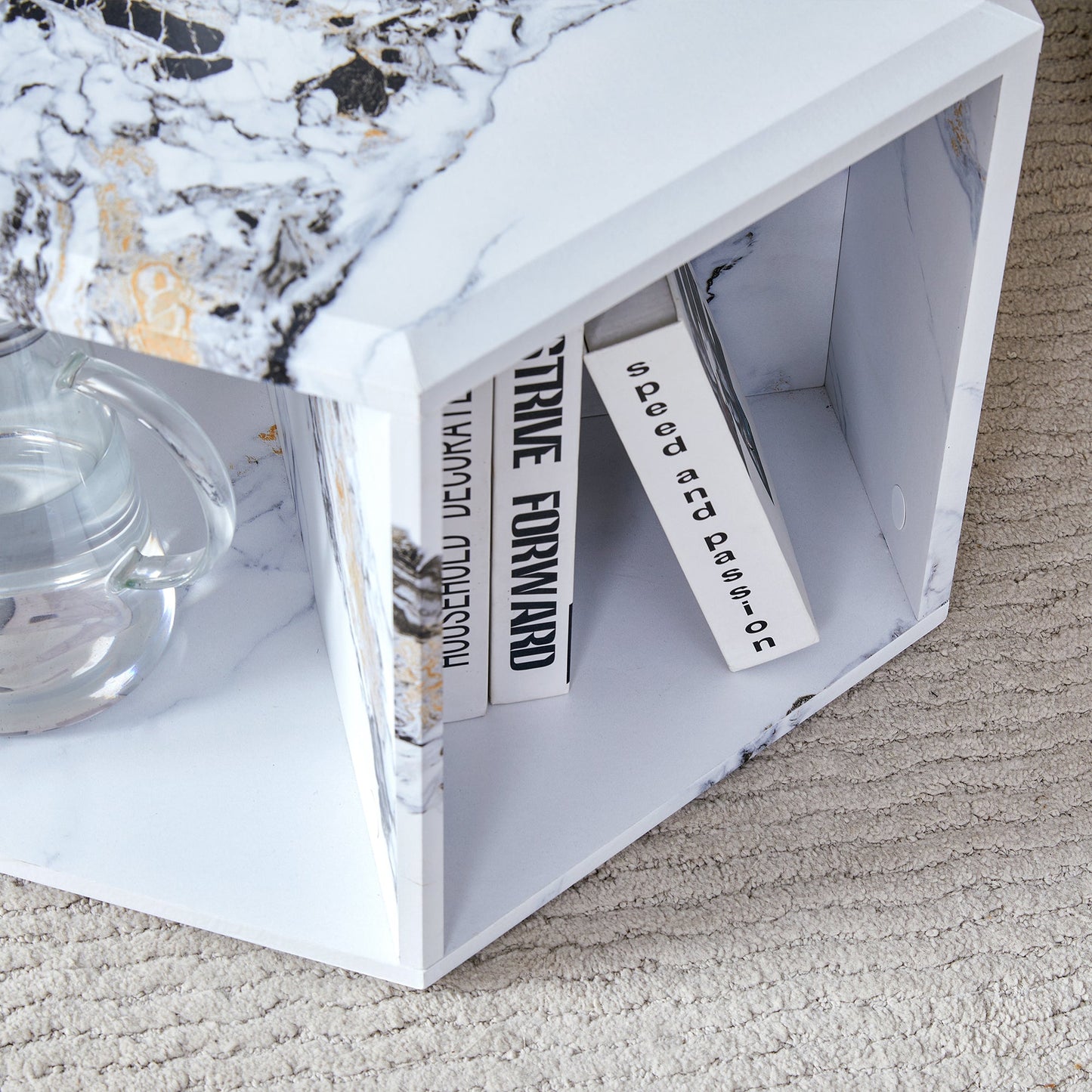 Hexagonal MDF coffee table, characteristic pattern stickers,