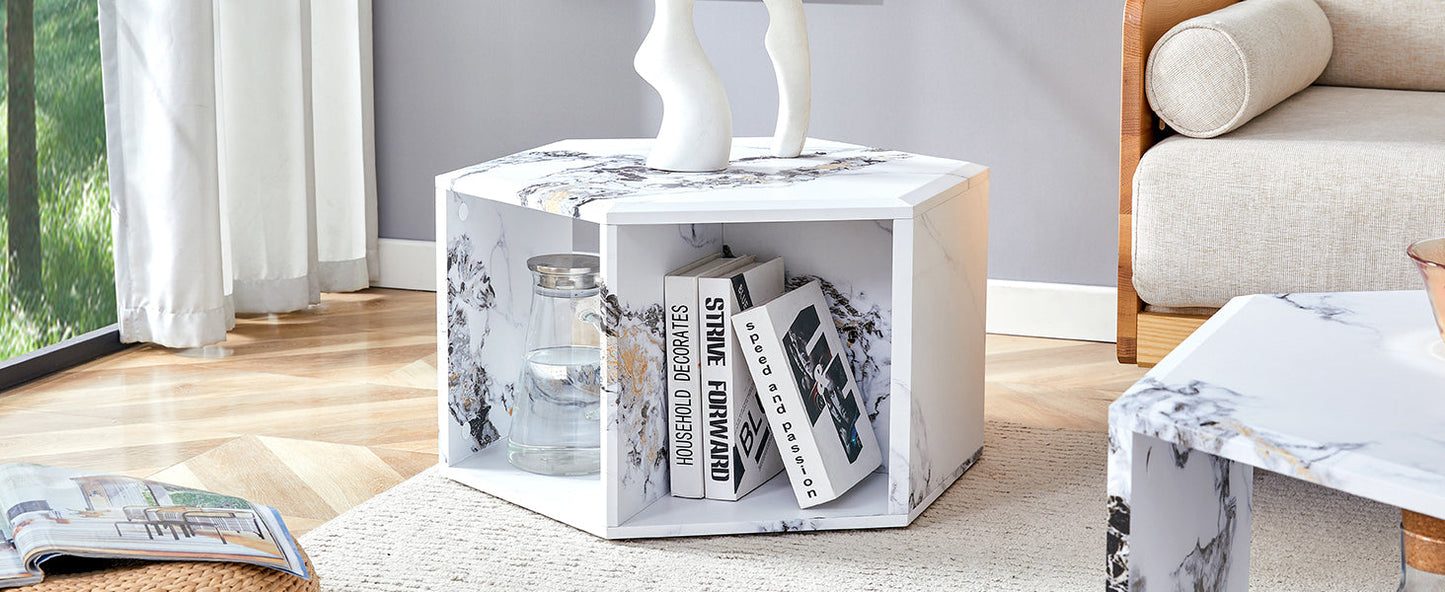 Hexagonal MDF coffee table, characteristic pattern stickers,