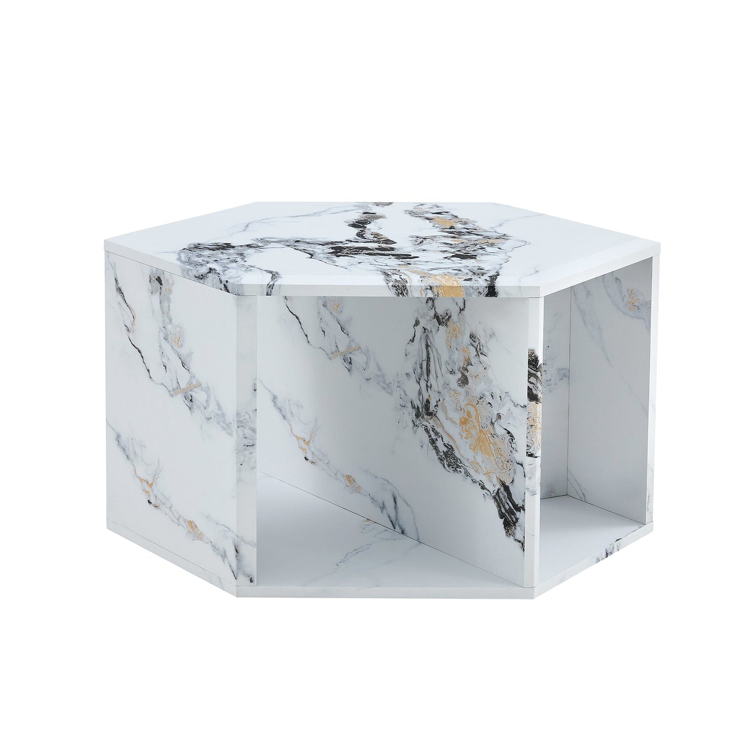 Hexagonal MDF coffee table, characteristic pattern stickers,