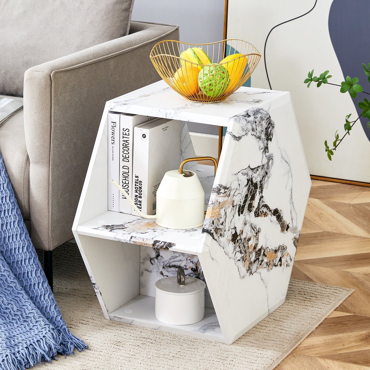 Hexagonal MDF coffee table, characteristic pattern stickers,