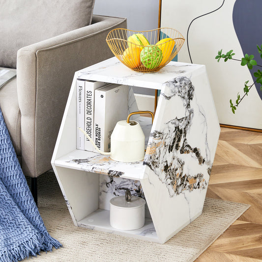 Hexagonal MDF coffee table, characteristic pattern stickers,