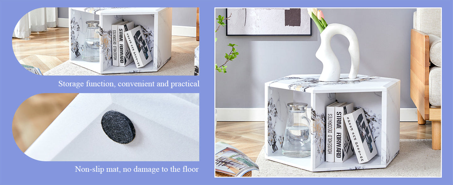 Hexagonal MDF coffee table, characteristic pattern stickers,