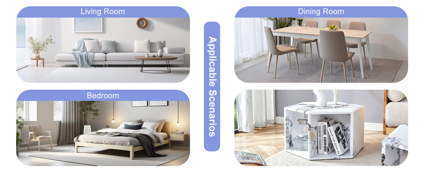 Hexagonal MDF coffee table, characteristic pattern stickers,